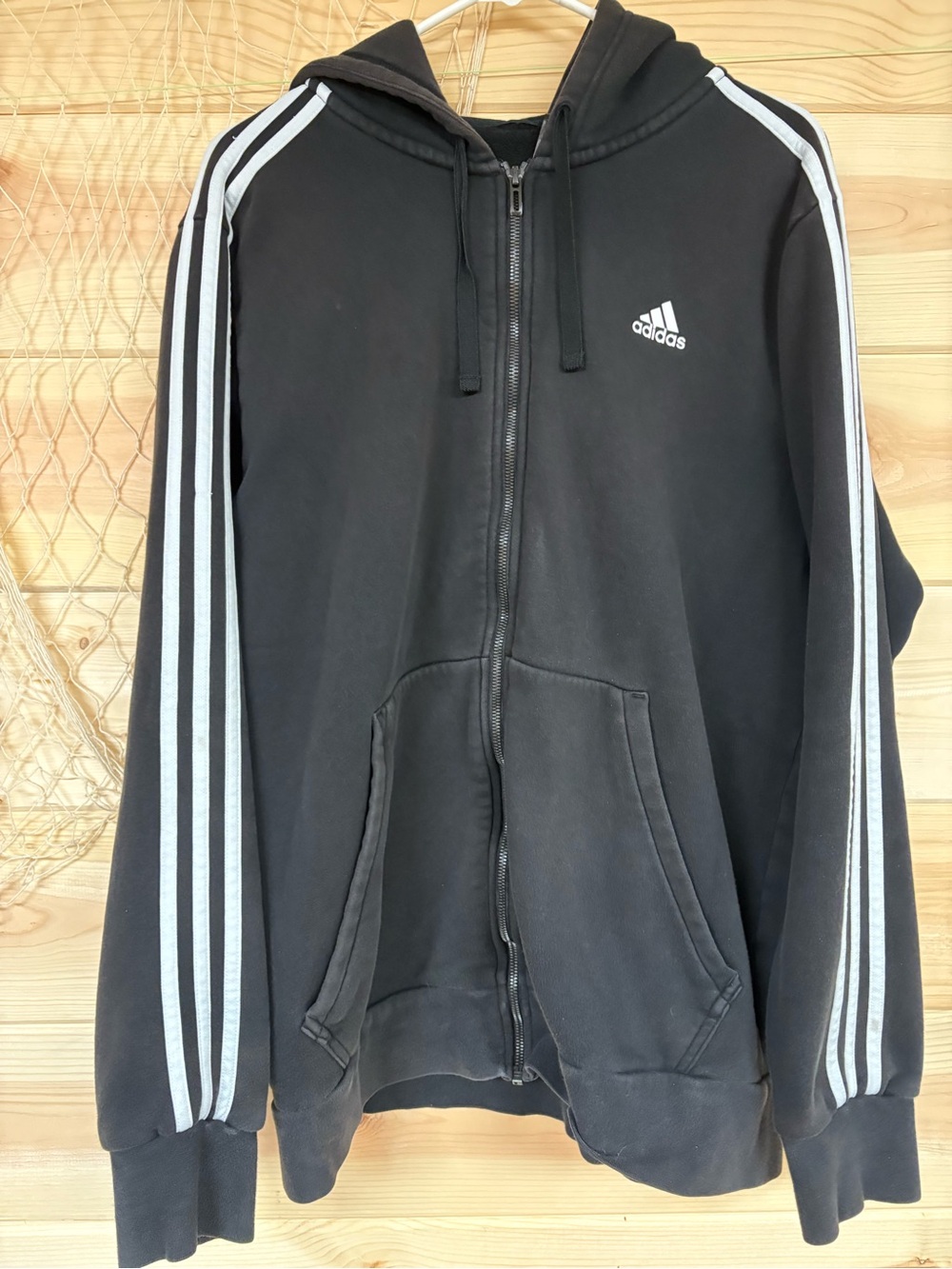 adidas Black Hooded Zip Jacket with White 3-Stripes